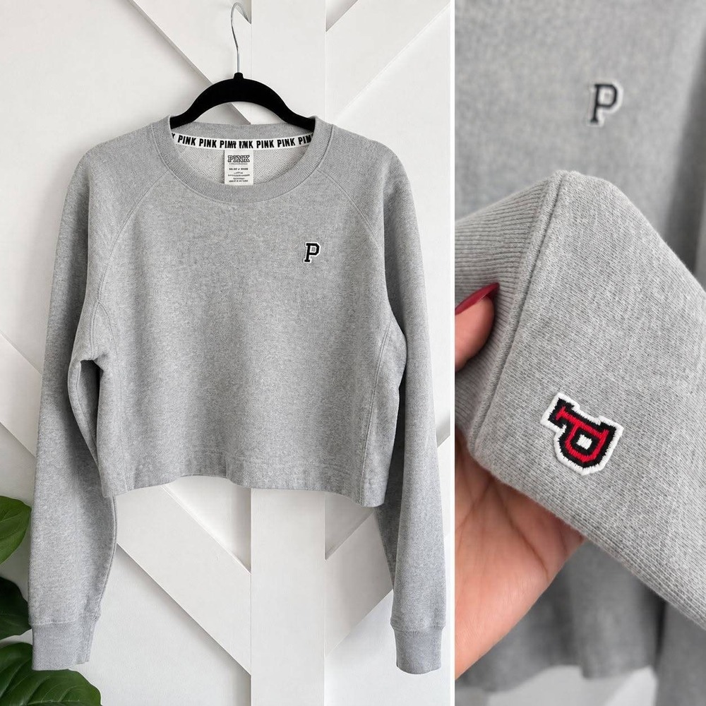 PINK Sweatshirt Women Small Gray Cropped Crewneck Embroidered Logo Pullover